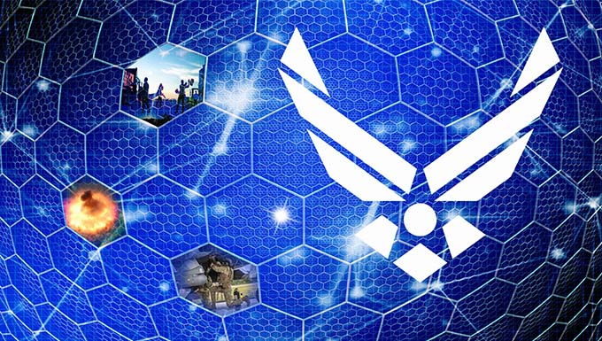 Artists image depicting Air Force logo on blue honeycombed background with real world scenes.