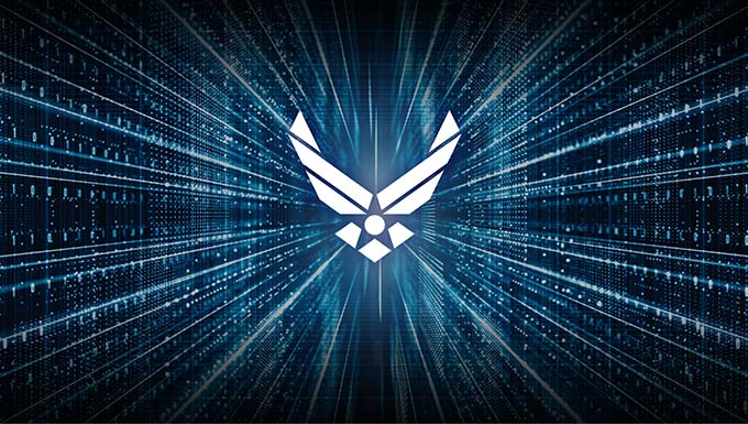 Artist concept showing the Air Force logo with a cyber-like coded background.