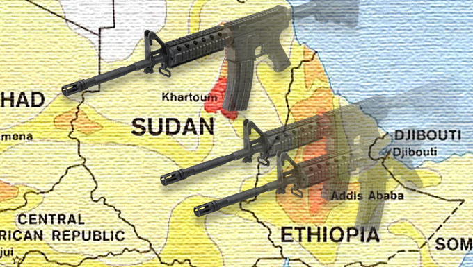 Yellow map of Sudan and Ethiopia with 3 faded semi automatic weapons overlayed on top.
