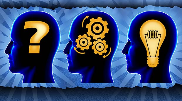 3 brains: Question, thinking, light bulb