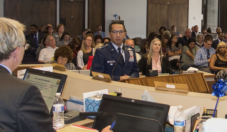 Colonel Pananon addresses the Hillsborough County Public School Board.  Source: US Air Force.