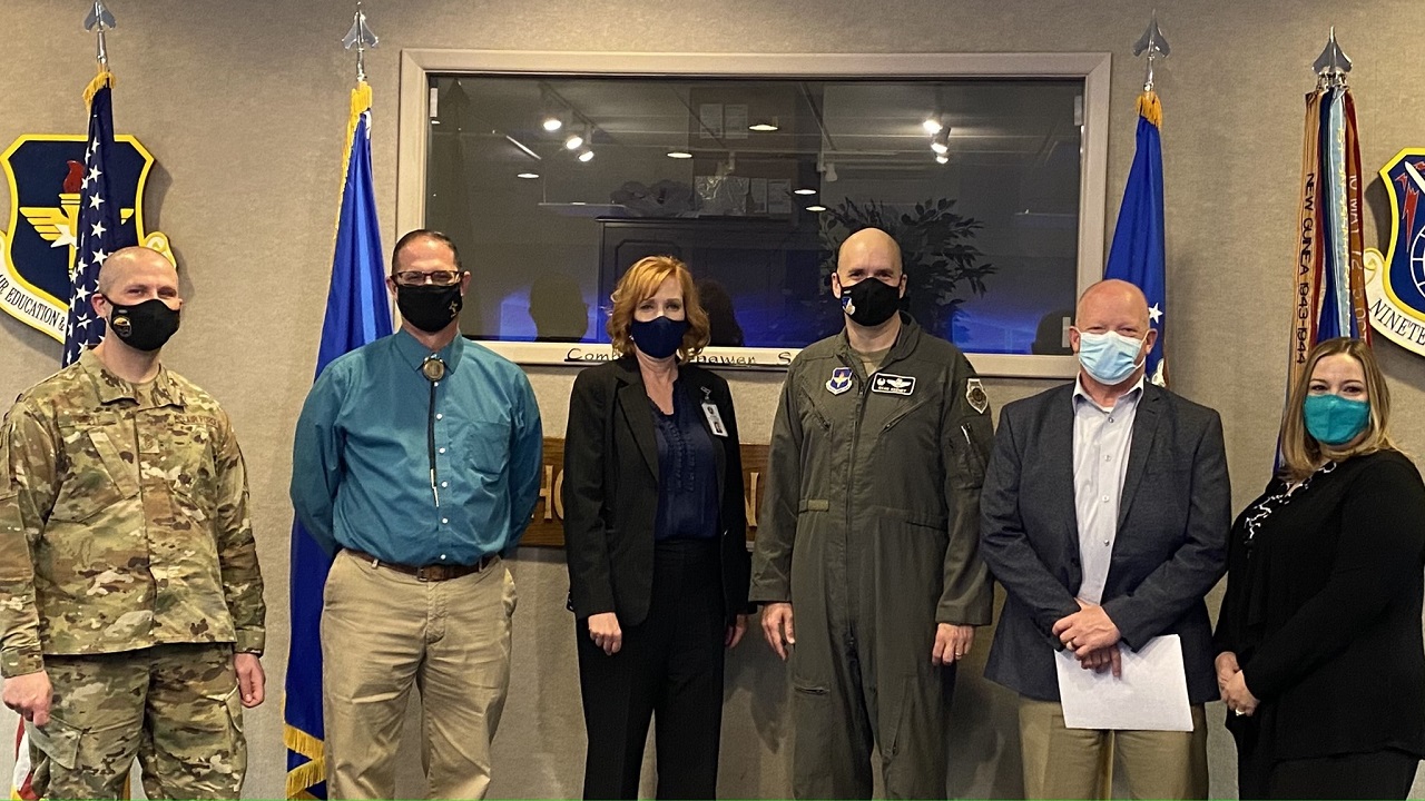 49th Wing leadership and Alamogordo Public School leadership pose for a photo during a signing ceremony for Project SEARCH, Feb. 24, 2021, on Holloman Air Force Base, New Mexico. Holloman AFB is the first military installation in New Mexico to be the host business for the state’s eighth Project SEARCH site.
