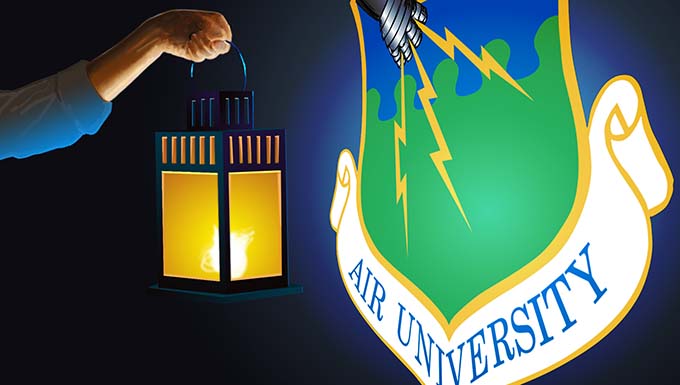 Artist illustration of a latern lighting the Air University shield
