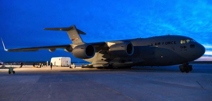 A C-17 Globemaster III sits on a flightline March 19, 2019, on Buckley Air Force Base, CO. Lockheed Martin along with The Air National Guard and active duty components loaded the 70,000 pound cargo, successfully delivering the second GPS III Space Vehicle to Astrotech Space Operations in Titusville, Florida to begin satellite launch processing. (U.S. Air Force photo by Airman 1st Class Michael D. Mathews)