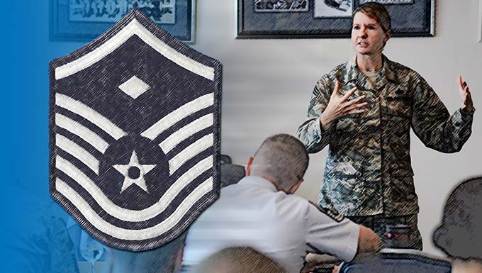 Image of a First Sergeant in a classroom setting and an image of a chief master sgt. patch.