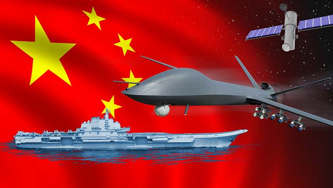 Artist illustration of Chinese flag, aircraft carrier, UAV, and satellite.