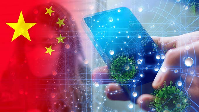 Artist rendering of China's flag with a cell phone and virus.