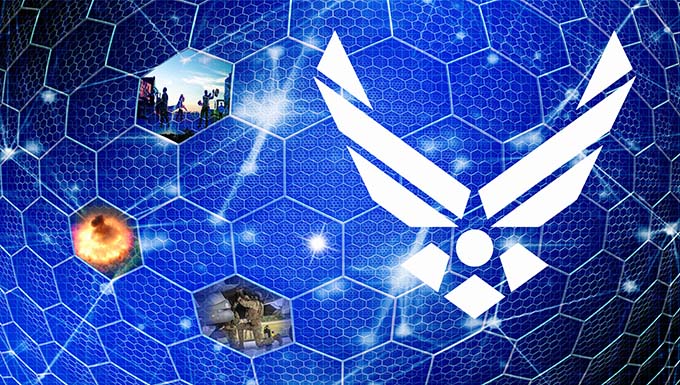 Artists image depicting Air Force logo on blue honeycombed background with real world scenes.