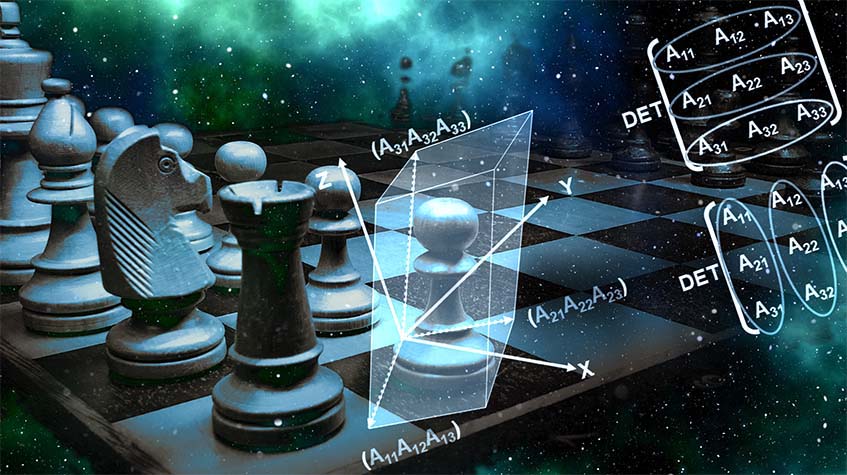 Art showing chess pieces and math equations on a space background