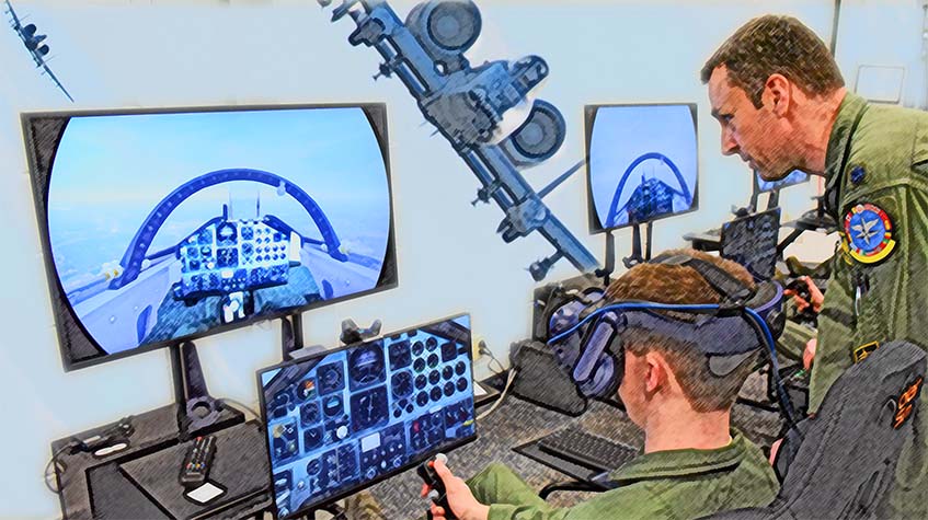 Image of an aircraft training session showing a student and instructor using a VR simulator