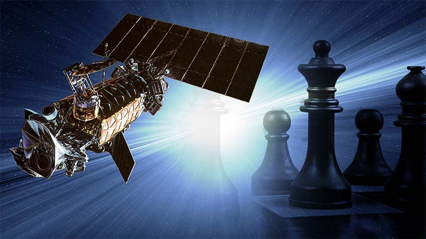 Space and Game Theory illustration showing a satellite and chess pieces
