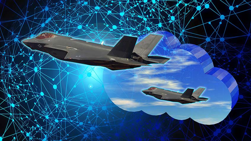 Two F-35s flying through cyber AI cloud, artist concept