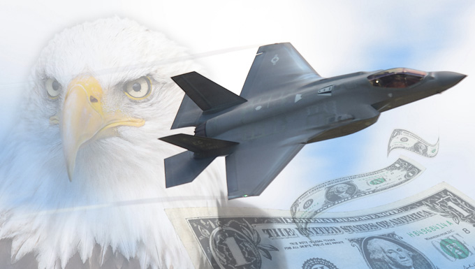 Military aircraft over eagle with dollars