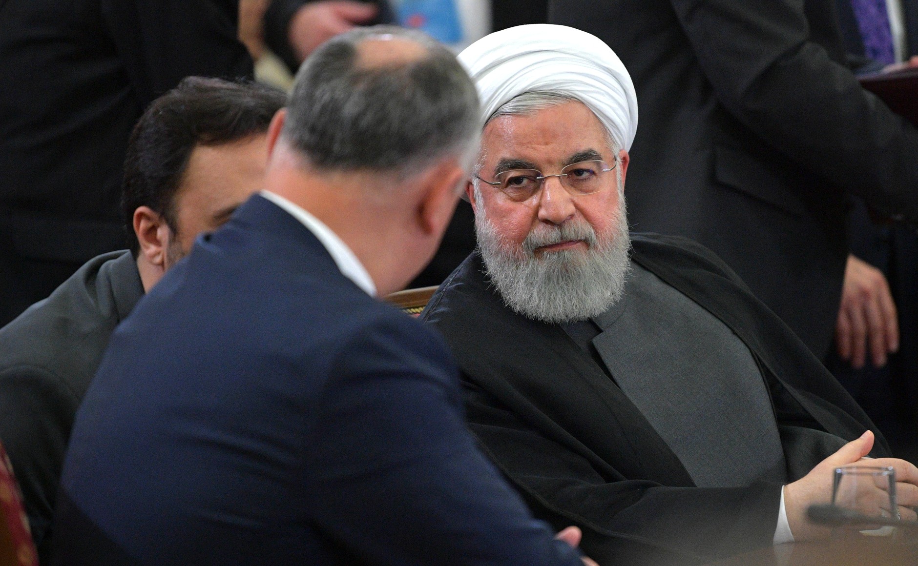 Iranian president Hassan Rouhani discusses issues with his peers during a signing ceremony following the Supreme Eurasian Economic Council meeting, 1 October 2019, in Yerevan, Armenia.