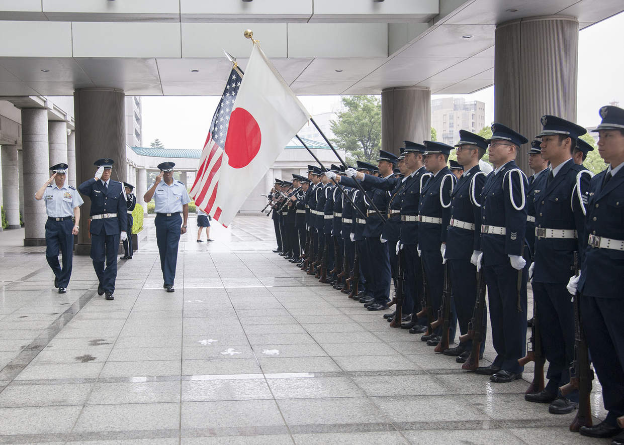 Gen C.Q. Brown, Jr., Pacific Air Forces commander, and Gen Yoshinari Marumo, chief of staff, Japan Air Self Defense Force, perform an inspection of the honor guard during a ceremony at the Ministry of Defense in Tokyo, Japan, 7 August 2018. Brown visited the country to affirm the United States’ shared commitment to a free and open Indo-Pacific as well as to seek opportunities to enhance cooperation and coordination across the alliance.