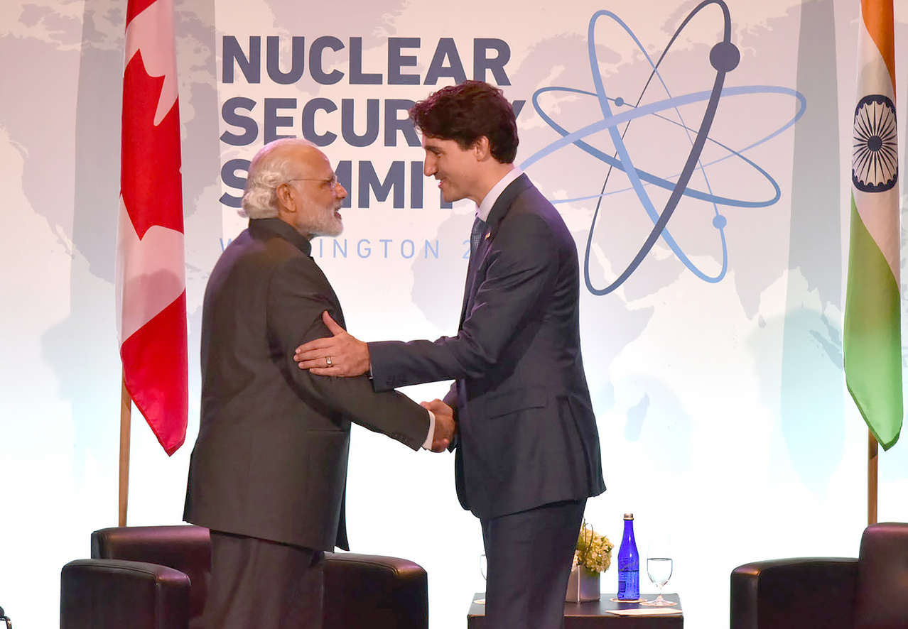Indian Prime Minister Narendra Modi meets with his Canadian counterpart, Justin Trudeau, at the 2016 Nuclear Security Summit in Washington, DC.