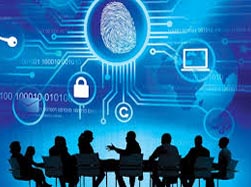 Graphic depicts individuals conferencing about cybersecurity