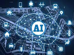 Graphic depiction of AI applications throughout society, such as smart homes, smart cars, education, customer service, and social media