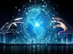 Photo depicts a robotic hand on the left and a human hand on the right each reaching toward a globe in the center