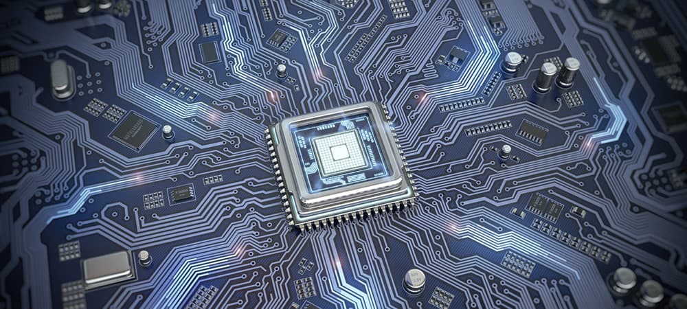 Computer motherboard with CPU. Circuit board system chip with core processor. Computer technology background. 3D illustration.