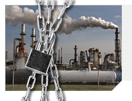 Photo of oil refinery releasing toxic chemicals with an overlay of a chain with lock