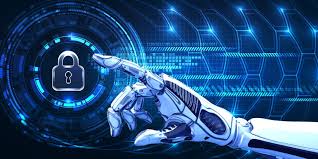Depiction of robotic hand reaching for lock icon on a computer screen