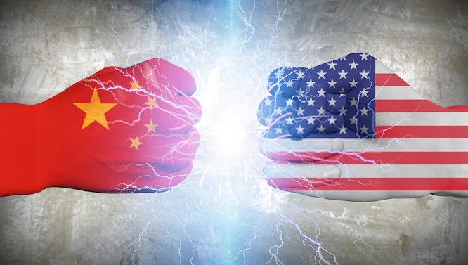 Artist depiction of flags of US and China superimposed on opposing fists