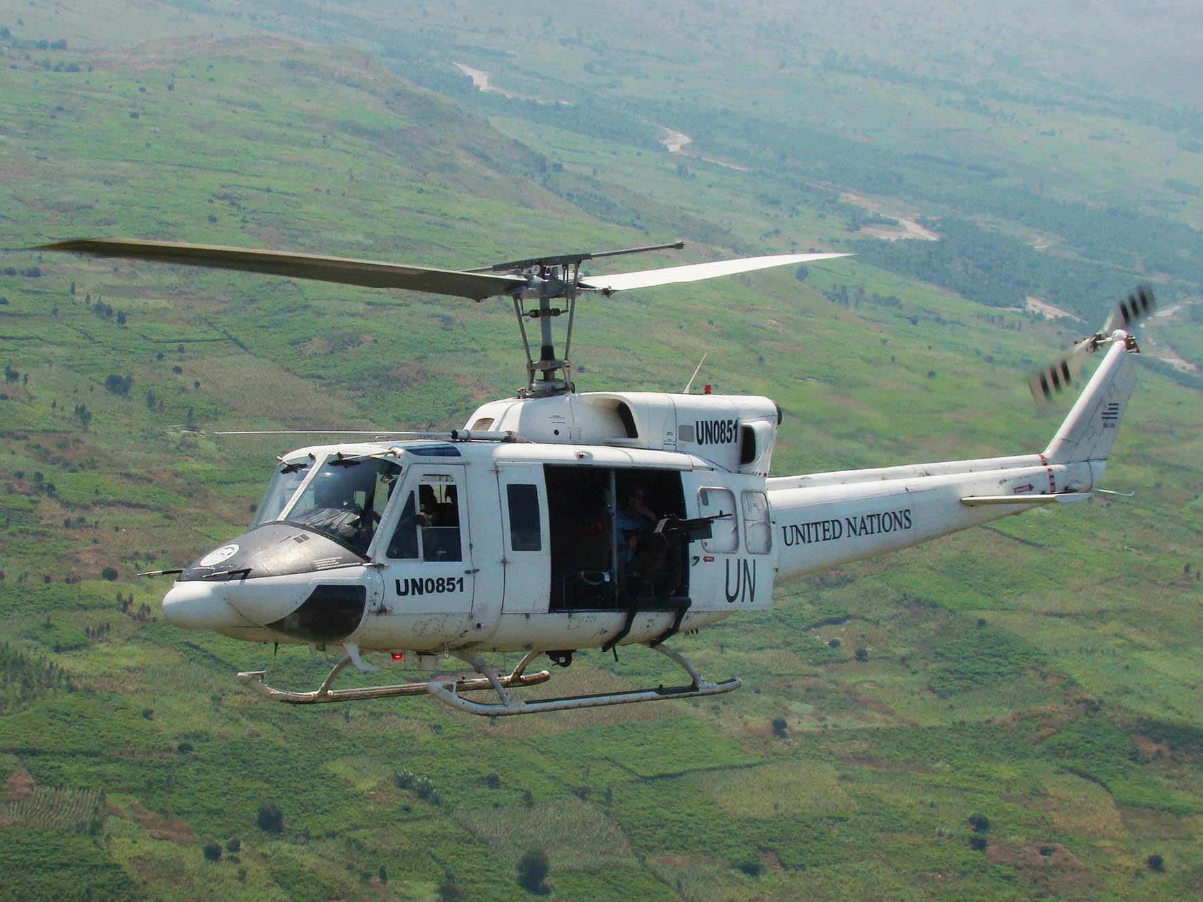 United Nations helicopter in flight over the Congo