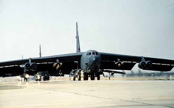 A Strategic Air Command B-52G Stratofortress aircraft prepares to take off on a mission during Operation Desert Storm..
